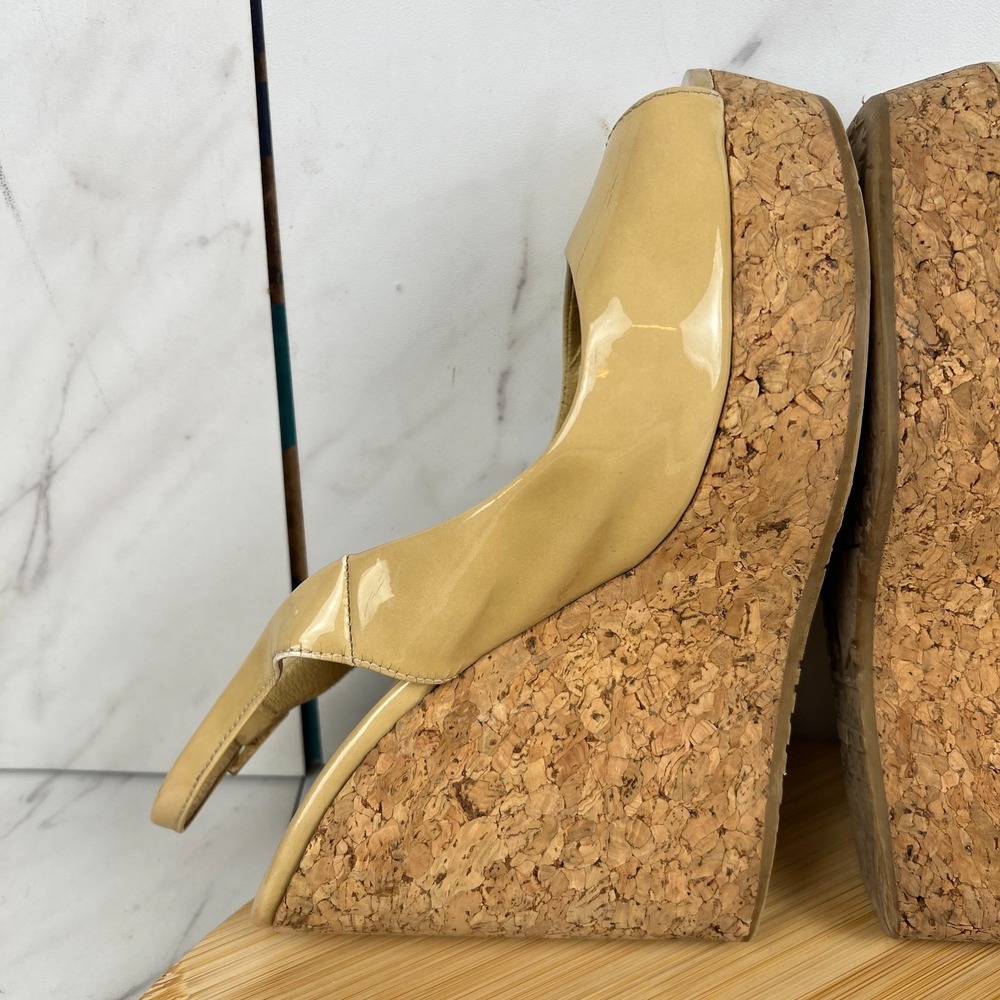 Jimmy Choo Prova Womens Size 6.5 EU 36.5 Yellow Patent Leather Cork Wedge Sandal - Picture 6 of 12